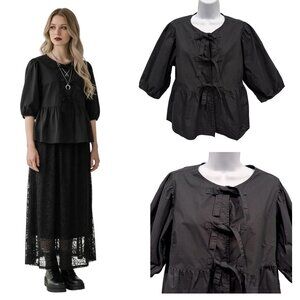 Velvet Heart Babydoll Tie Front Peplum Blouse Black Soft Goth Indie Chic Women M